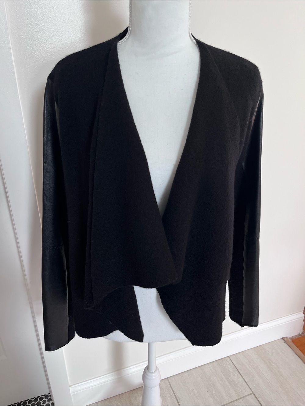 Ted Baker Black Wool Leather Sleeve Waterfall Cardigan Jacket